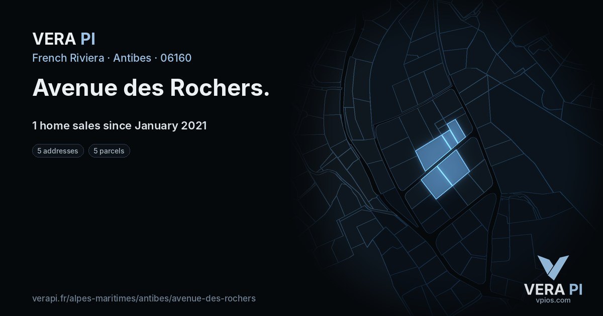 Avenue des Rochers, Antibes at night – every parcel coloured by the prices around it, the street's own parcels lit