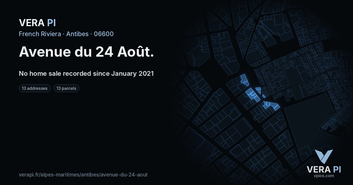 Avenue du 24 Août, Antibes at night – every parcel coloured by the prices around it, the street's own parcels lit
