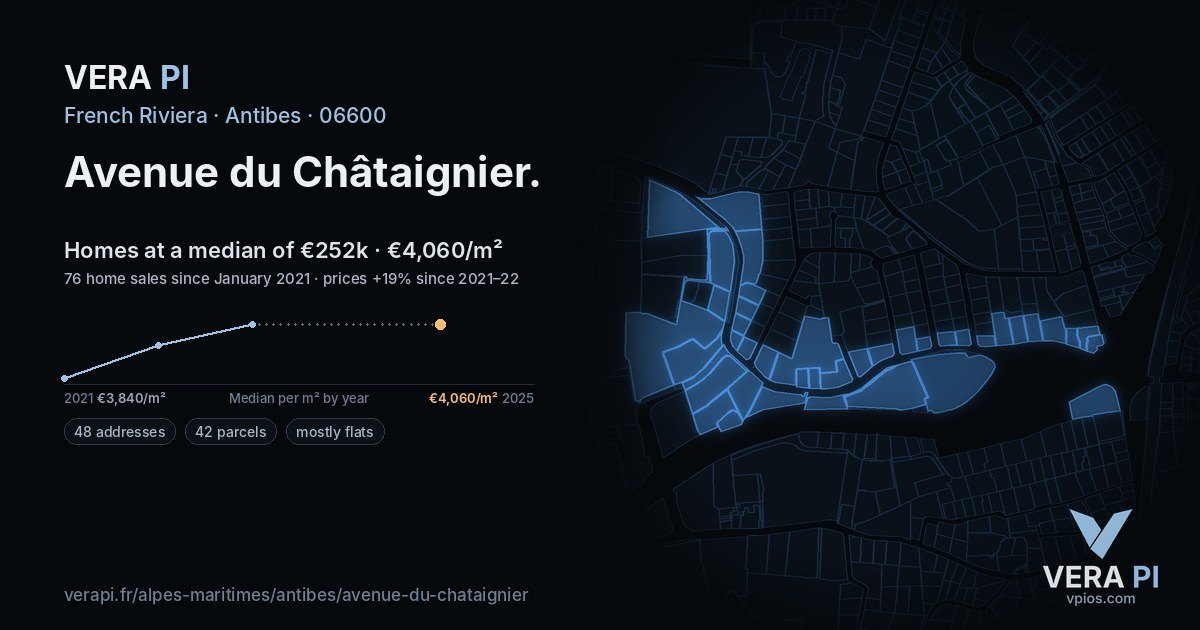 Avenue du Châtaignier, Antibes at night – every parcel coloured by the prices around it, the street's own parcels lit