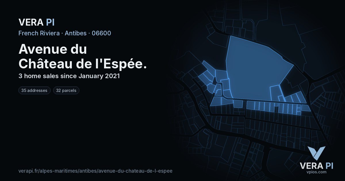 Avenue du Château de l'Espée, Antibes at night – every parcel coloured by the prices around it, the street's own parcels lit