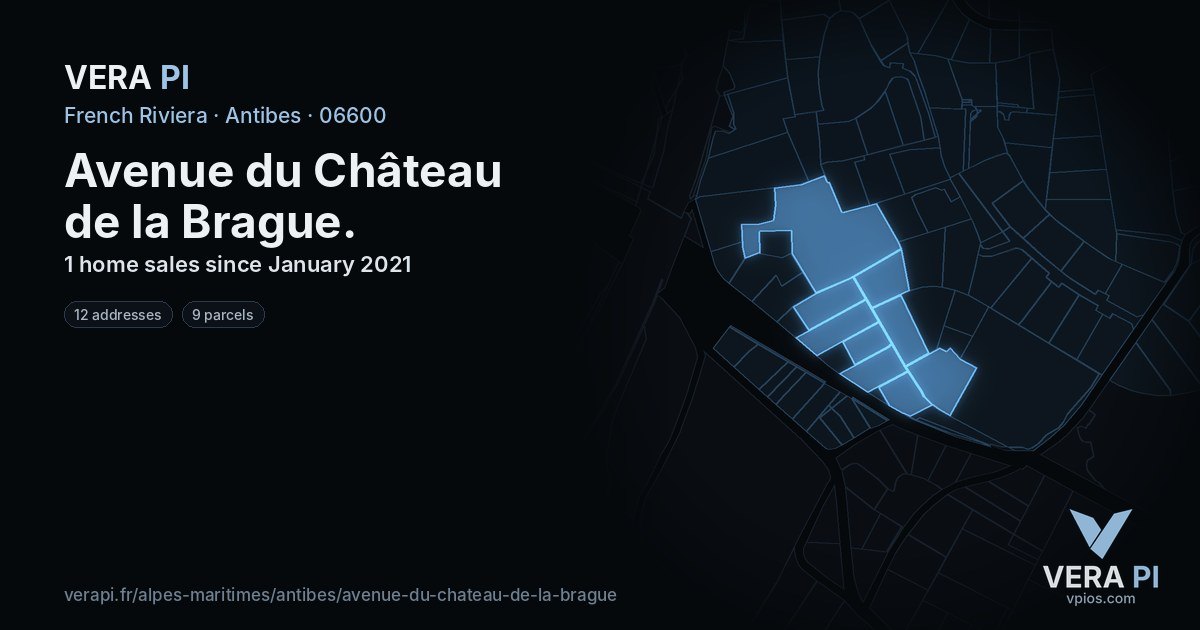 Avenue du Château de la Brague, Antibes at night – every parcel coloured by the prices around it, the street's own parcels lit