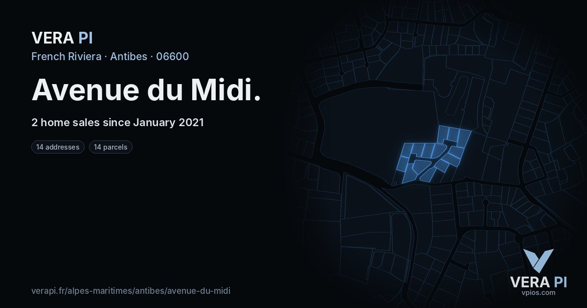 Avenue du Midi, Antibes at night – every parcel coloured by the prices around it, the street's own parcels lit