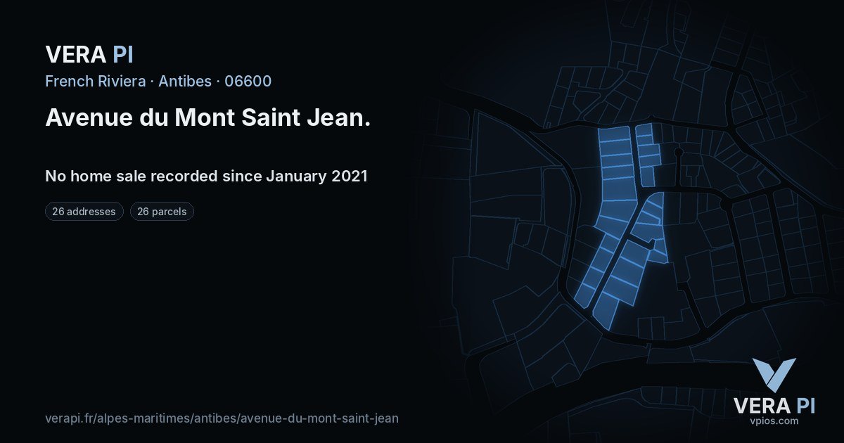 Avenue du Mont Saint Jean, Antibes at night – every parcel coloured by the prices around it, the street's own parcels lit