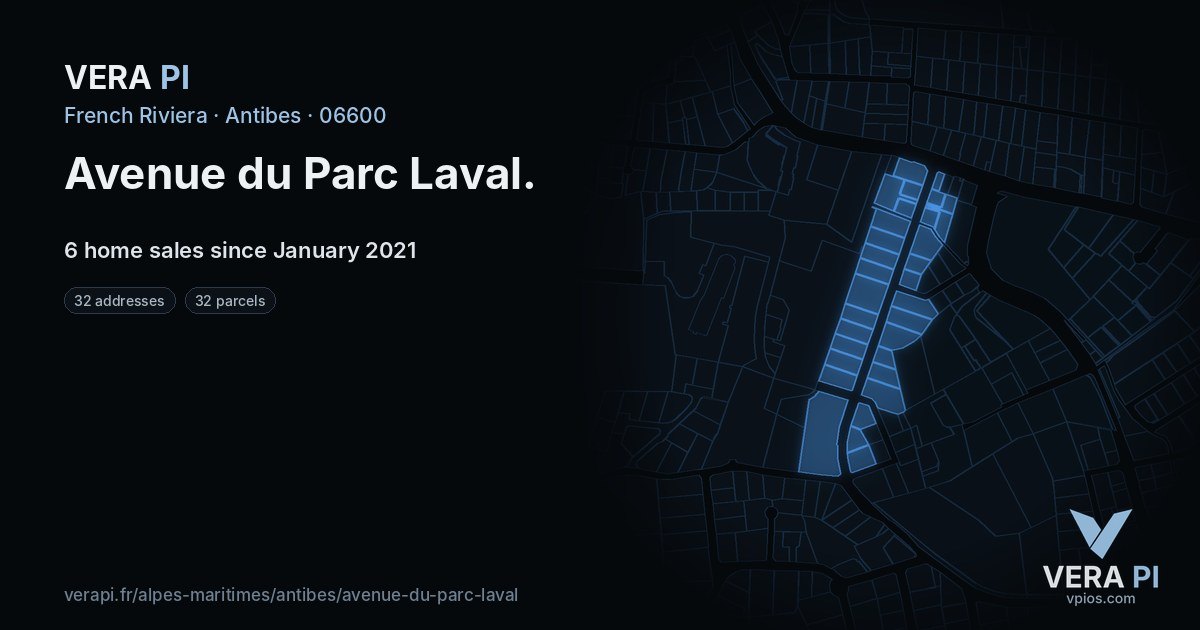 Avenue du Parc Laval, Antibes at night – every parcel coloured by the prices around it, the street's own parcels lit