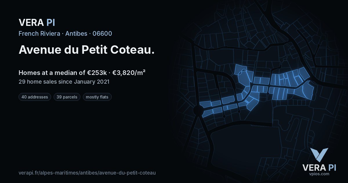Avenue du Petit Coteau, Antibes at night – every parcel coloured by the prices around it, the street's own parcels lit