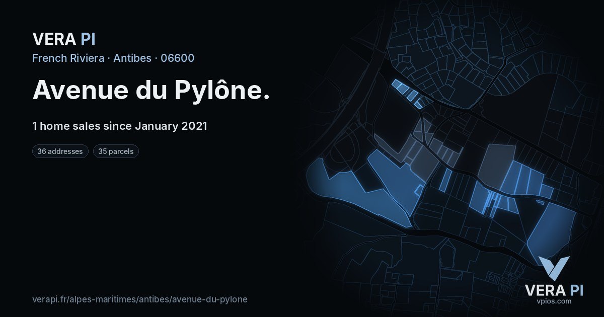 Avenue du Pylône, Antibes at night – every parcel coloured by the prices around it, the street's own parcels lit