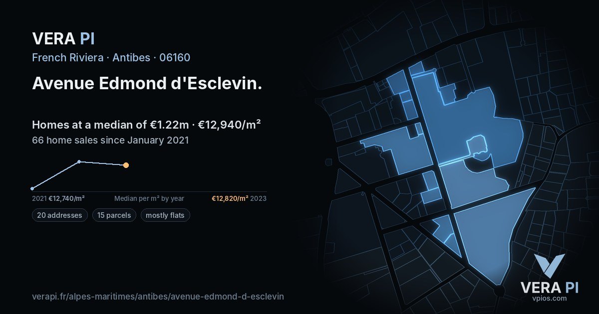Avenue Edmond d'Esclevin, Antibes at night – every parcel coloured by the prices around it, the street's own parcels lit