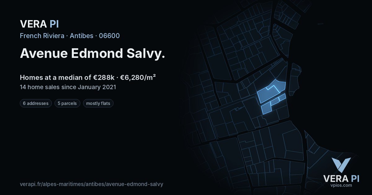 Avenue Edmond Salvy, Antibes at night – every parcel coloured by the prices around it, the street's own parcels lit