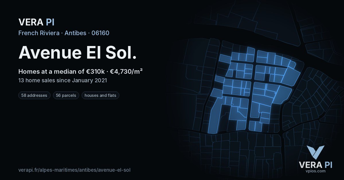 Avenue El Sol, Antibes at night – every parcel coloured by the prices around it, the street's own parcels lit