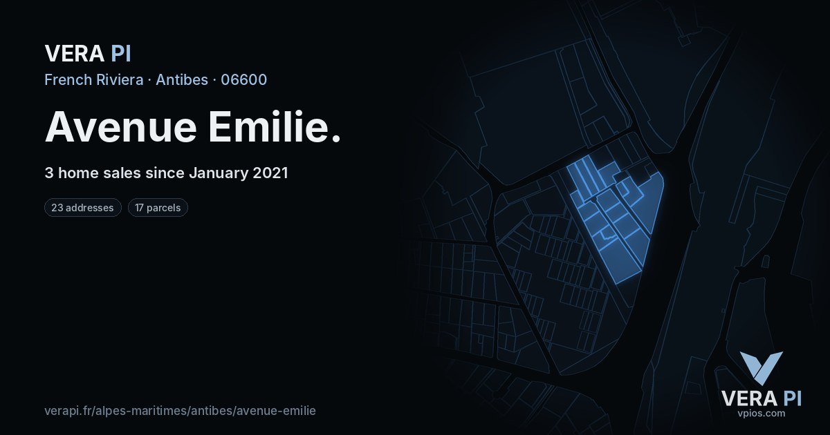 Avenue Emilie, Antibes at night – every parcel coloured by the prices around it, the street's own parcels lit