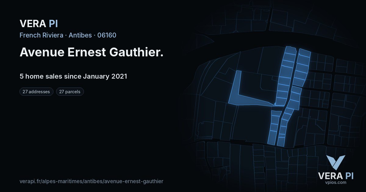 Avenue Ernest Gauthier, Antibes at night – every parcel coloured by the prices around it, the street's own parcels lit