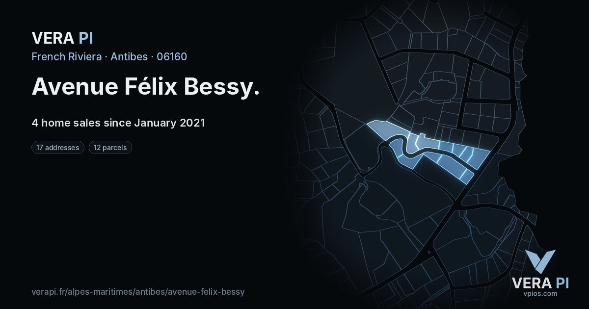 Avenue Félix Bessy, Antibes at night – every parcel coloured by the prices around it, the street's own parcels lit