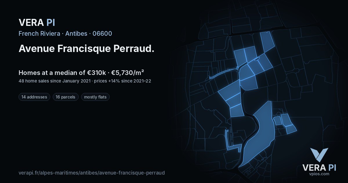 Avenue Francisque Perraud, Antibes at night – every parcel coloured by the prices around it, the street's own parcels lit