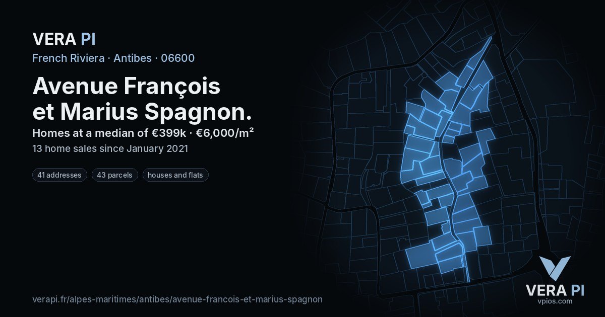 Avenue François et Marius Spagnon, Antibes at night – every parcel coloured by the prices around it, the street's own parcels lit