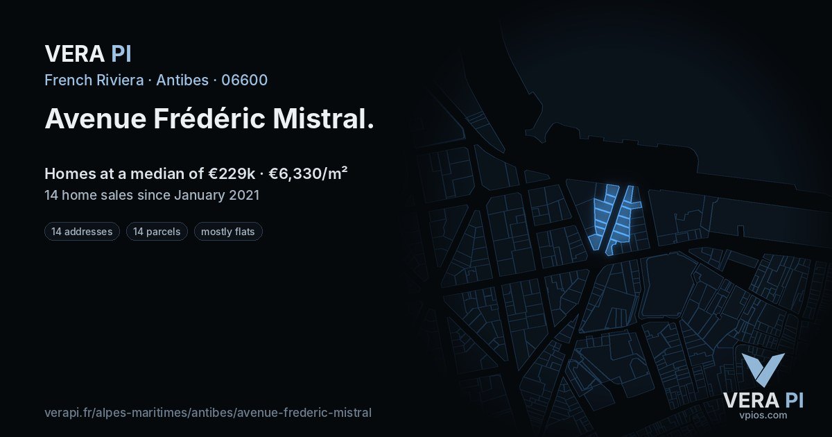 Avenue Frédéric Mistral, Antibes at night – every parcel coloured by the prices around it, the street's own parcels lit