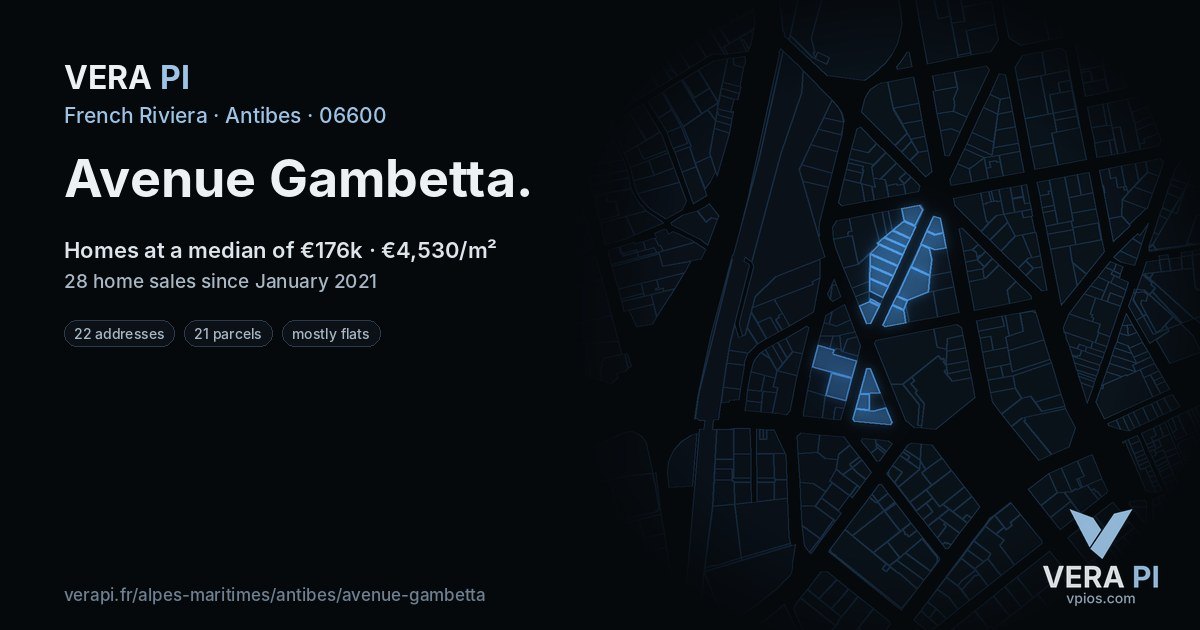 Avenue Gambetta, Antibes at night – every parcel coloured by the prices around it, the street's own parcels lit