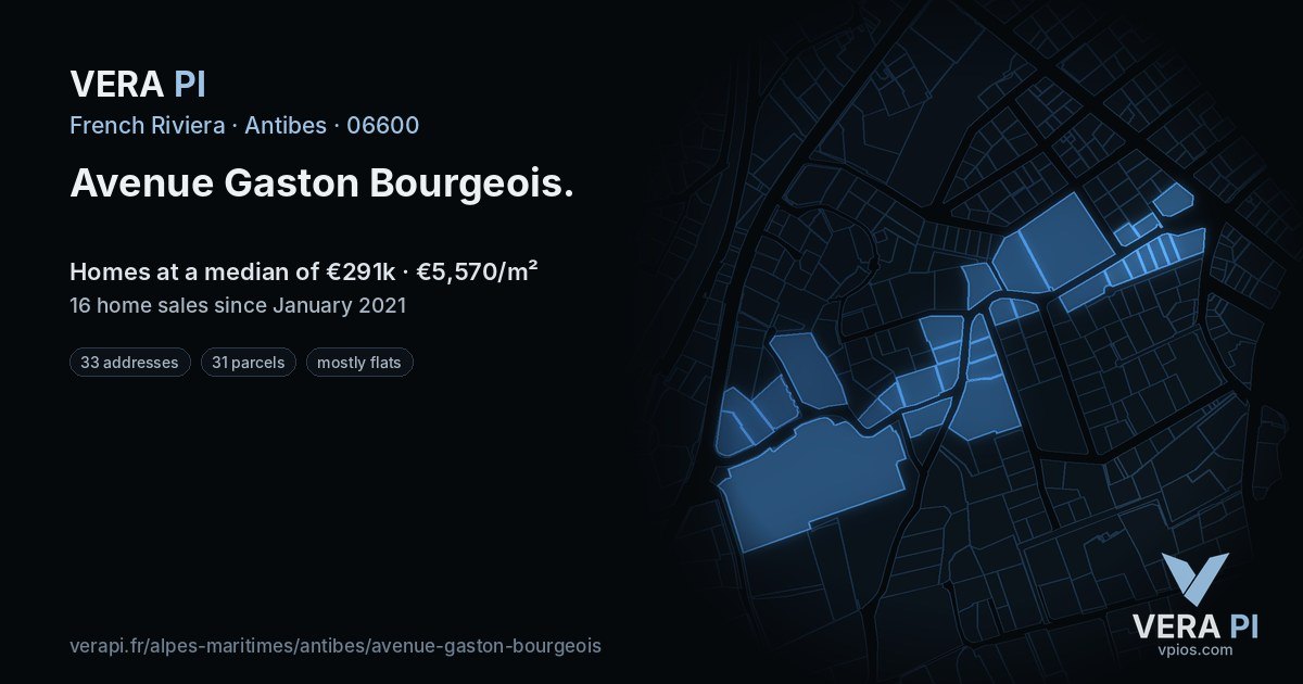 Avenue Gaston Bourgeois, Antibes at night – every parcel coloured by the prices around it, the street's own parcels lit
