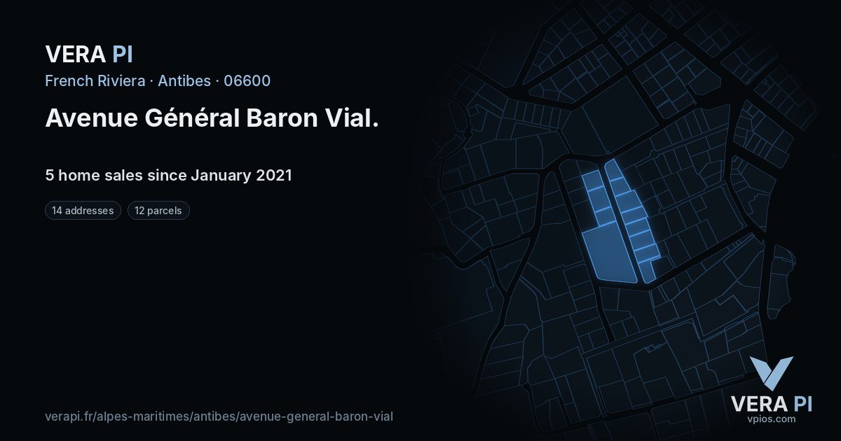 Avenue Général Baron Vial, Antibes at night – every parcel coloured by the prices around it, the street's own parcels lit
