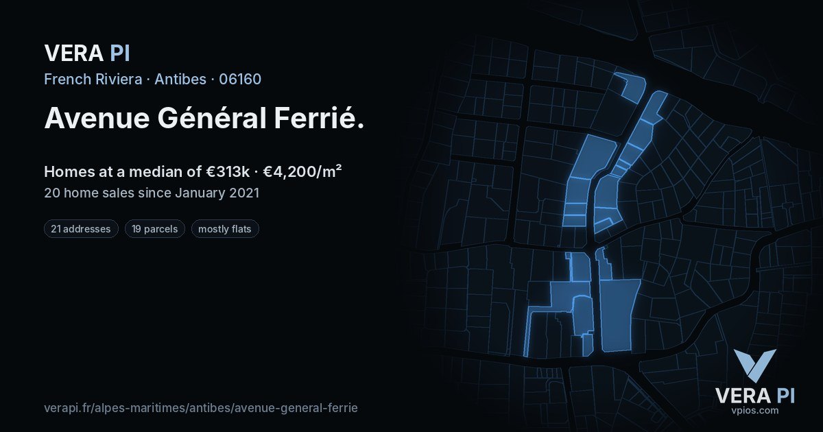 Avenue Général Ferrié, Antibes at night – every parcel coloured by the prices around it, the street's own parcels lit