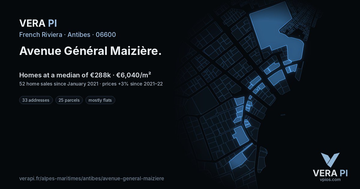 Avenue Général Maizière, Antibes at night – every parcel coloured by the prices around it, the street's own parcels lit