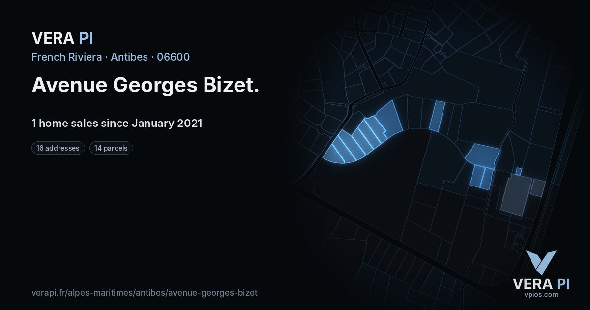 Avenue Georges Bizet, Antibes at night – every parcel coloured by the prices around it, the street's own parcels lit