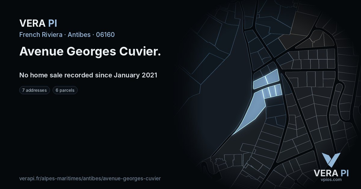 Avenue Georges Cuvier, Antibes at night – every parcel coloured by the prices around it, the street's own parcels lit