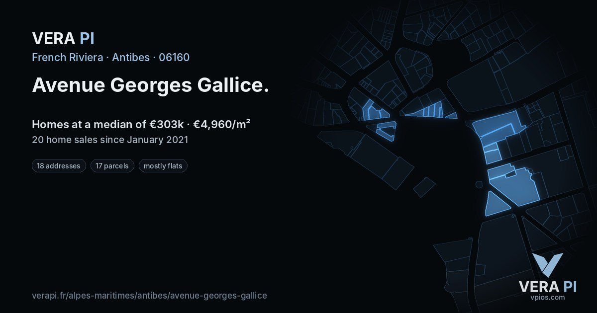 Avenue Georges Gallice, Antibes at night – every parcel coloured by the prices around it, the street's own parcels lit