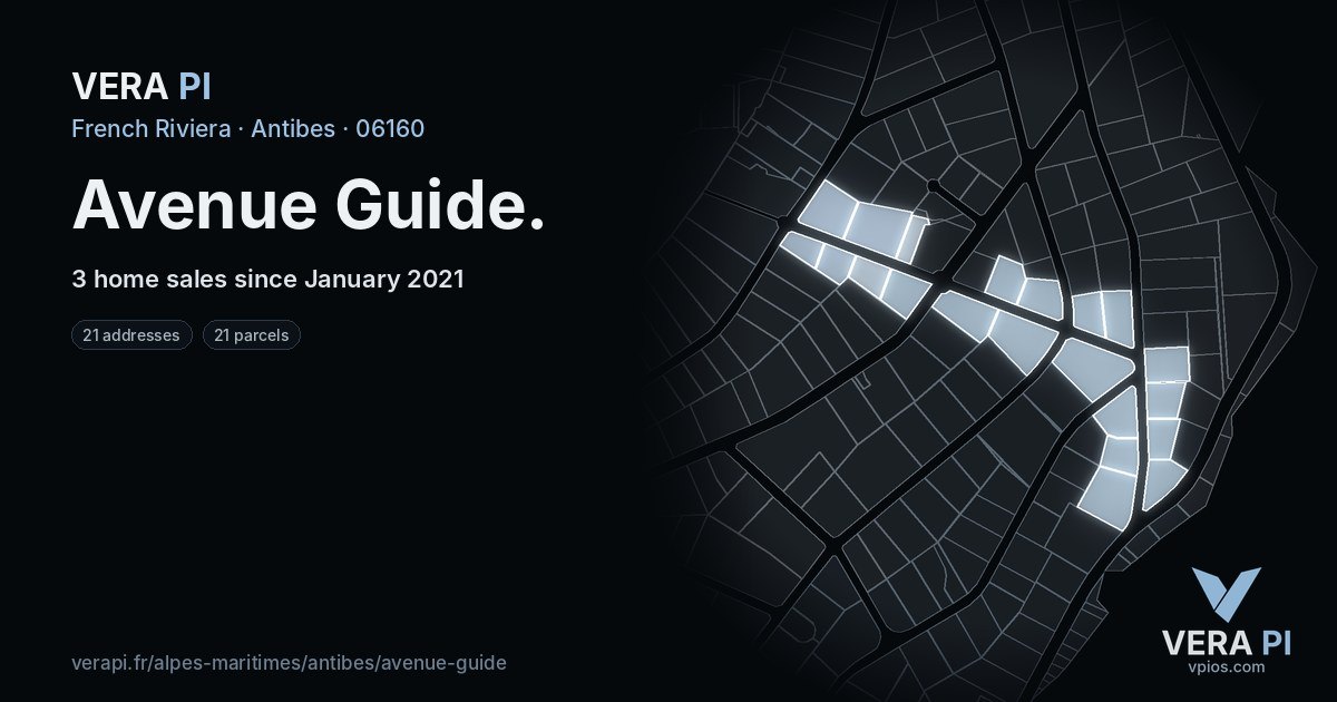 Avenue Guide, Antibes at night – every parcel coloured by the prices around it, the street's own parcels lit