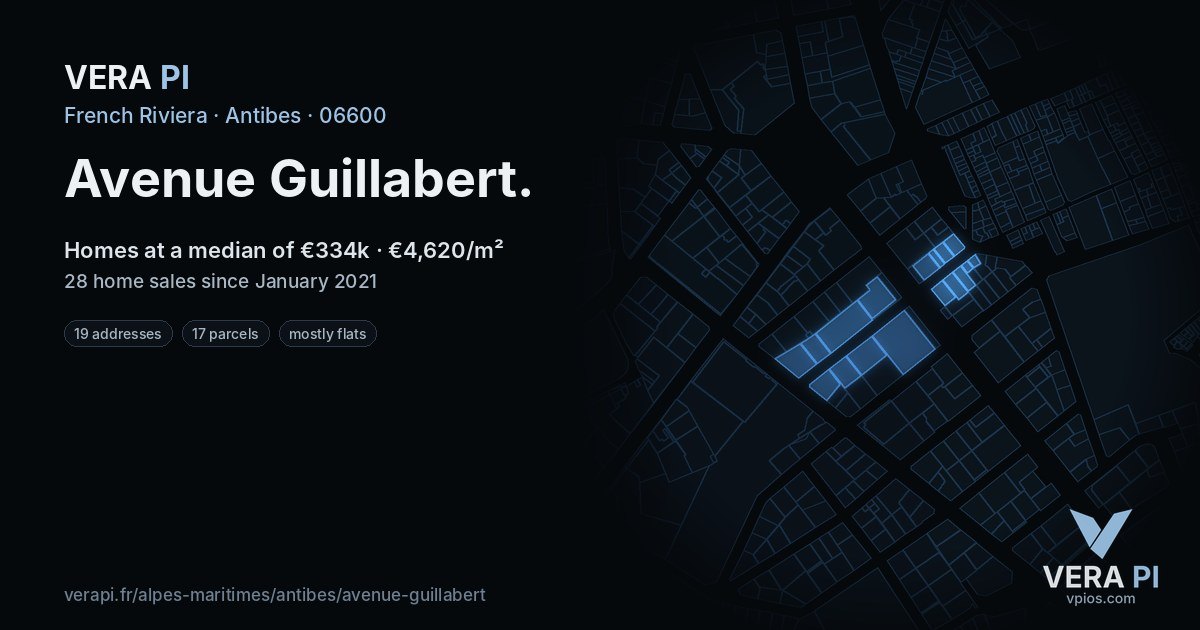 Avenue Guillabert, Antibes at night – every parcel coloured by the prices around it, the street's own parcels lit