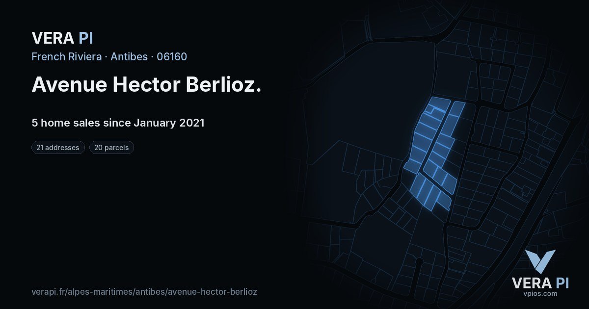 Avenue Hector Berlioz, Antibes at night – every parcel coloured by the prices around it, the street's own parcels lit