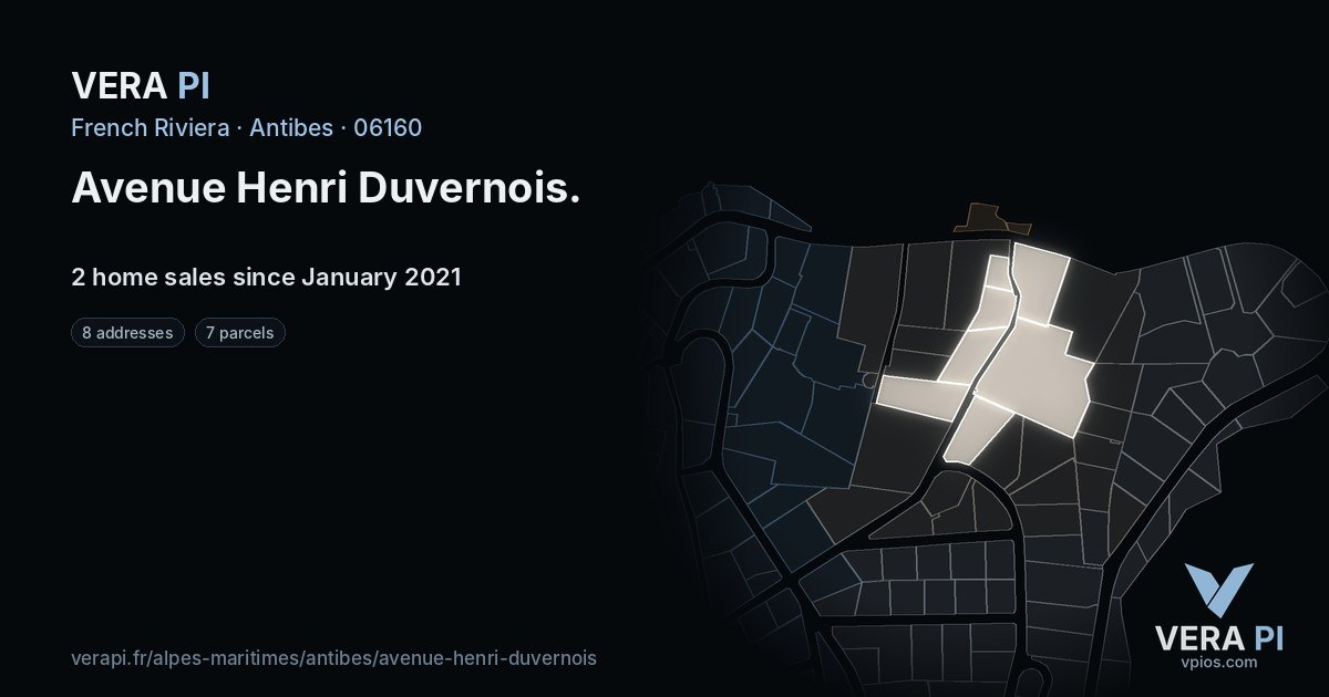 Avenue Henri Duvernois, Antibes at night – every parcel coloured by the prices around it, the street's own parcels lit