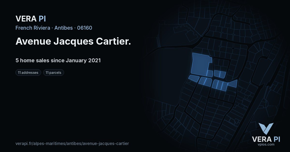 Avenue Jacques Cartier, Antibes at night – every parcel coloured by the prices around it, the street's own parcels lit
