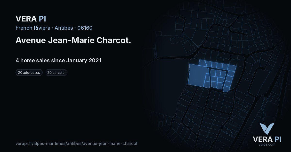 Avenue Jean-Marie Charcot, Antibes at night – every parcel coloured by the prices around it, the street's own parcels lit