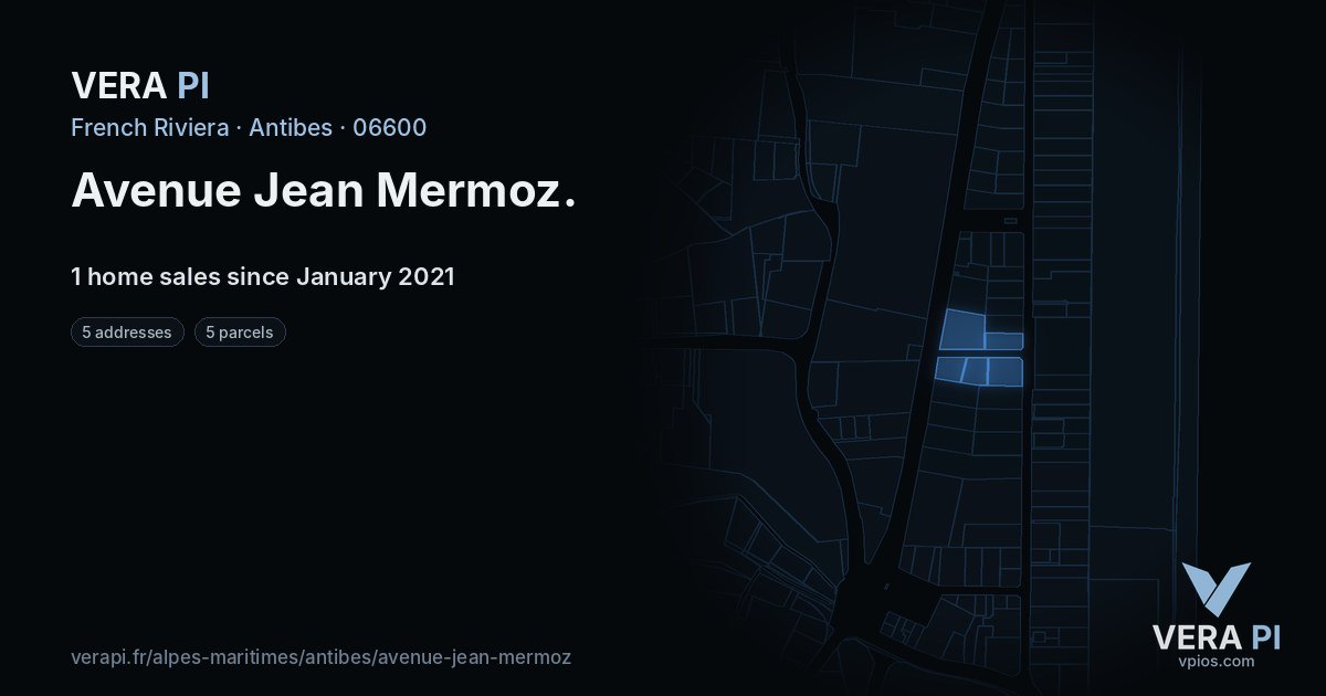 Avenue Jean Mermoz, Antibes at night – every parcel coloured by the prices around it, the street's own parcels lit