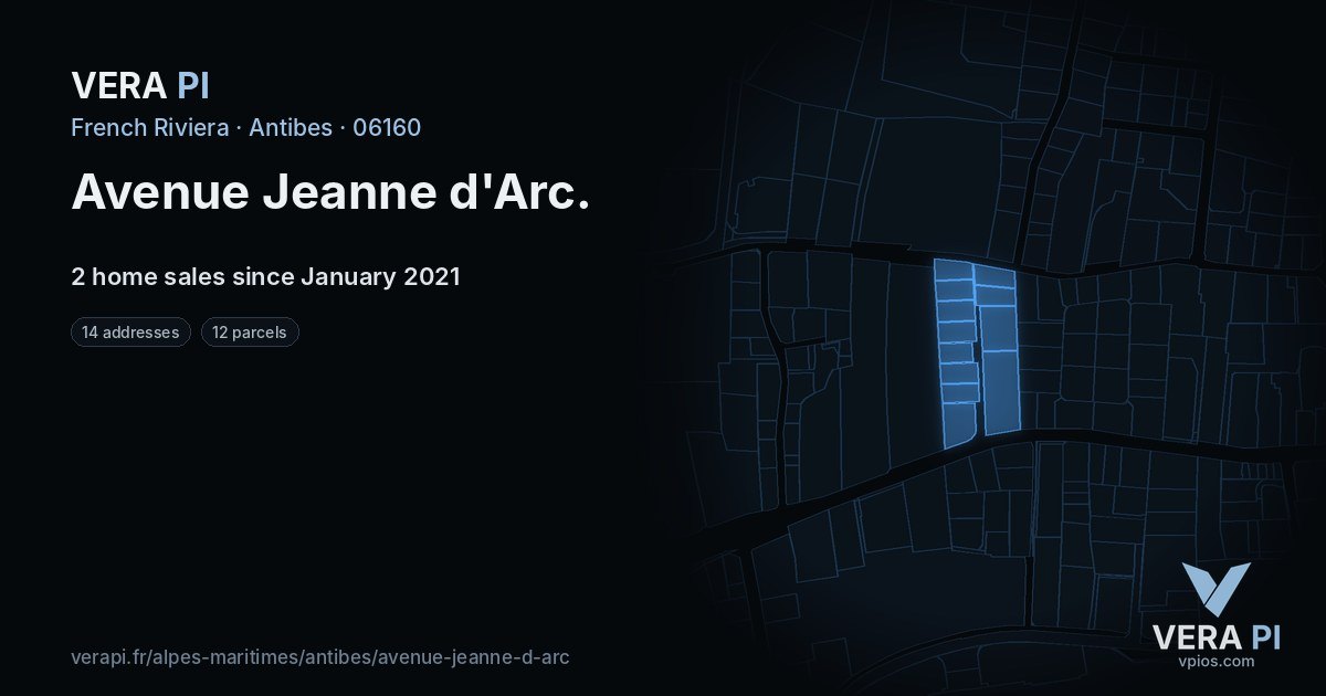 Avenue Jeanne d'Arc, Antibes at night – every parcel coloured by the prices around it, the street's own parcels lit