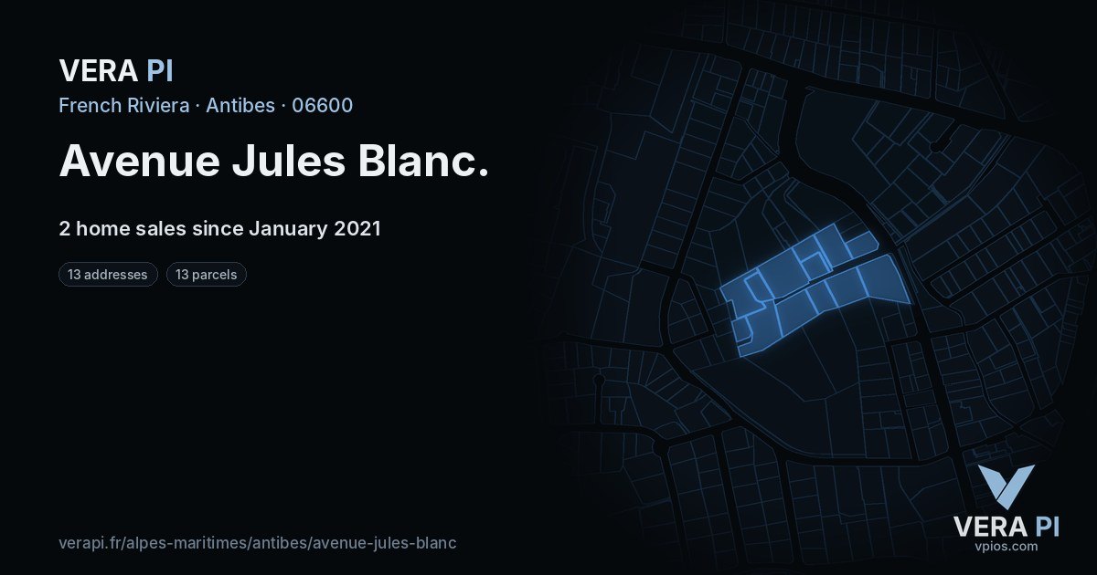 Avenue Jules Blanc, Antibes at night – every parcel coloured by the prices around it, the street's own parcels lit