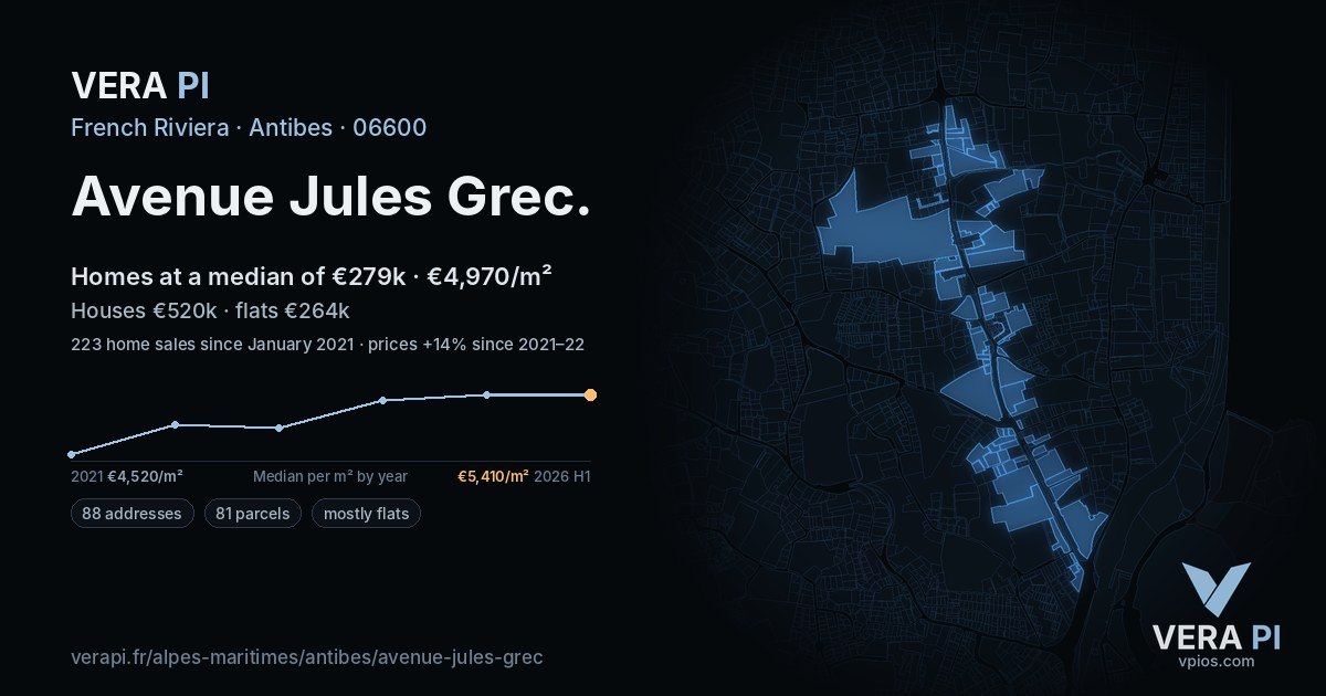 Avenue Jules Grec, Antibes at night – every parcel coloured by the prices around it, the street's own parcels lit