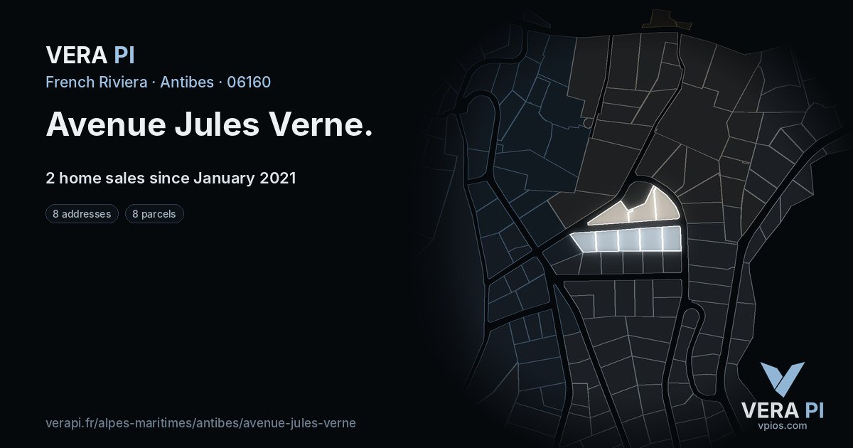 Avenue Jules Verne, Antibes at night – every parcel coloured by the prices around it, the street's own parcels lit