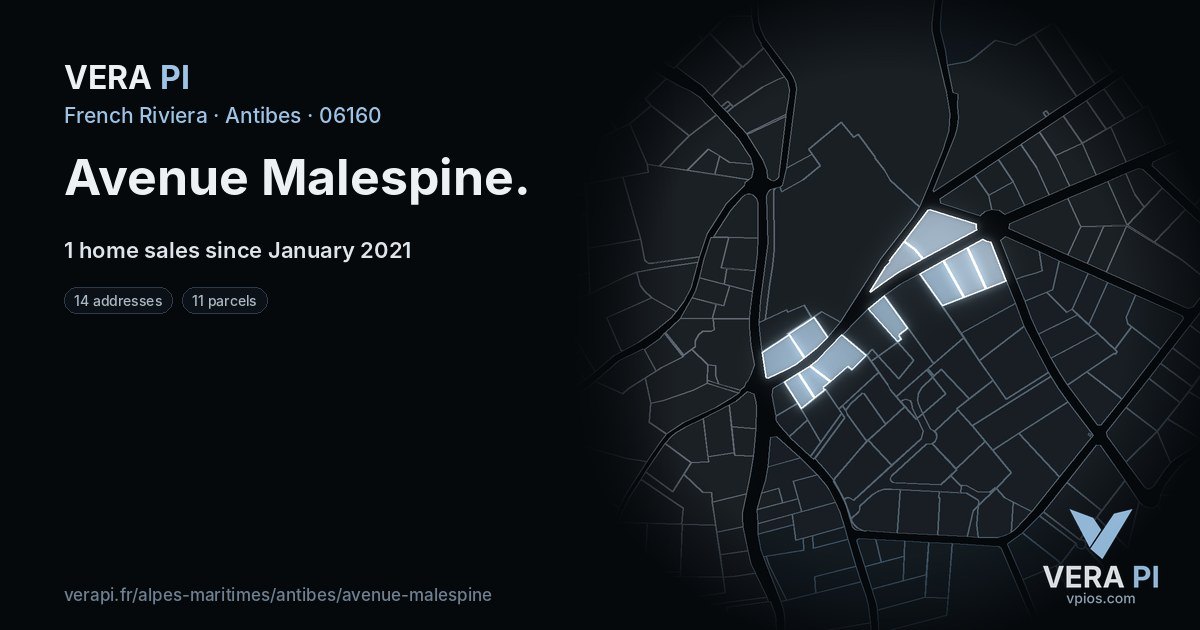 Avenue Malespine, Antibes at night – every parcel coloured by the prices around it, the street's own parcels lit