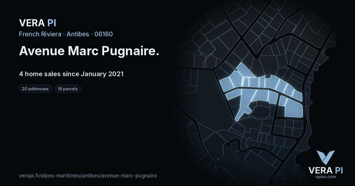 Avenue Marc Pugnaire, Antibes at night – every parcel coloured by the prices around it, the street's own parcels lit
