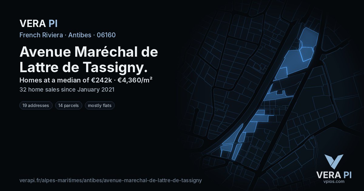 Avenue Maréchal de Lattre de Tassigny, Antibes at night – every parcel coloured by the prices around it, the street's own parcels lit