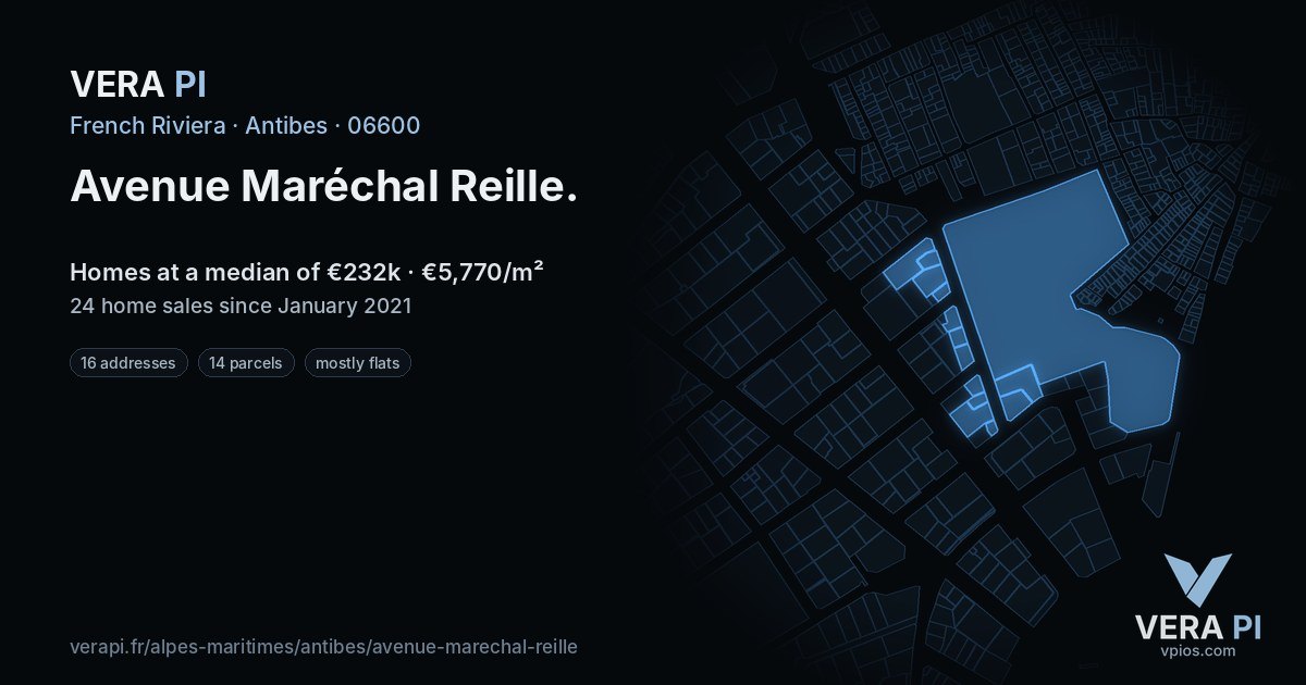 Avenue Maréchal Reille, Antibes at night – every parcel coloured by the prices around it, the street's own parcels lit