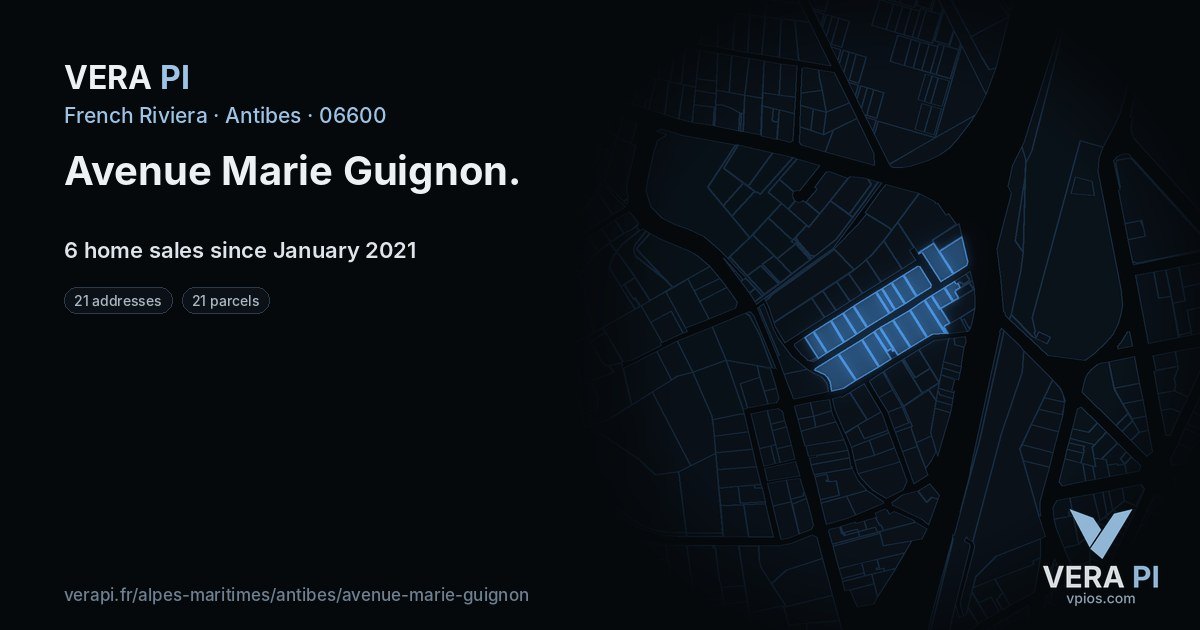 Avenue Marie Guignon, Antibes at night – every parcel coloured by the prices around it, the street's own parcels lit
