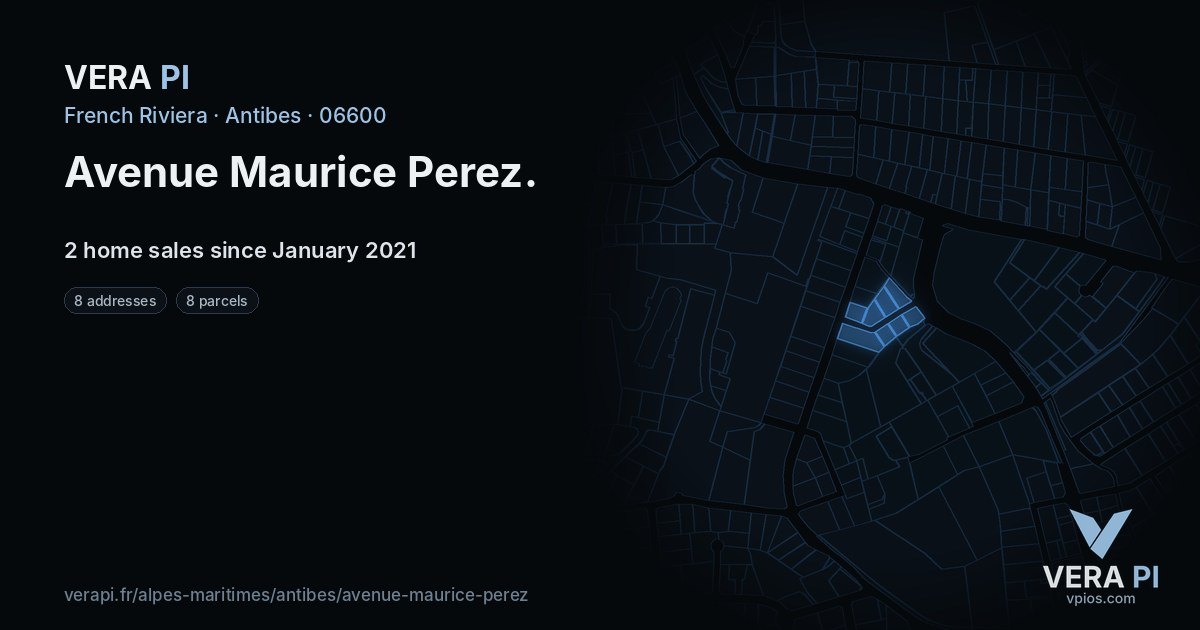 Avenue Maurice Perez, Antibes at night – every parcel coloured by the prices around it, the street's own parcels lit