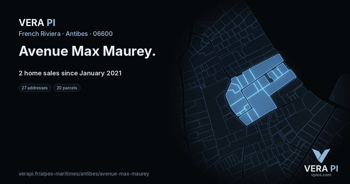 Avenue Max Maurey, Antibes at night – every parcel coloured by the prices around it, the street's own parcels lit
