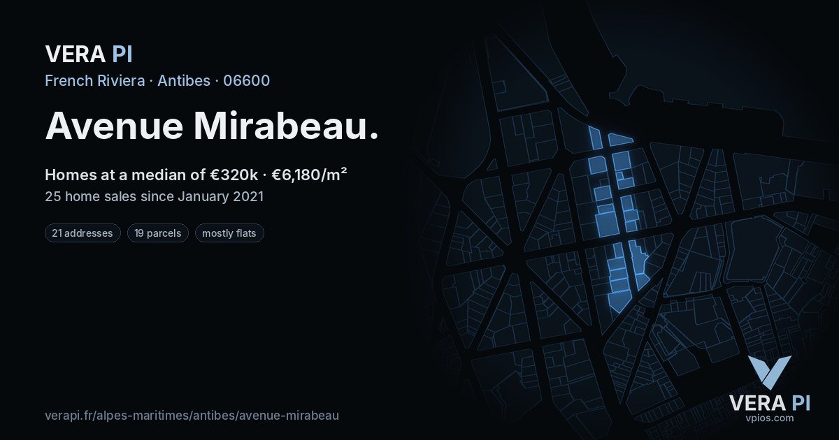 Avenue Mirabeau, Antibes at night – every parcel coloured by the prices around it, the street's own parcels lit