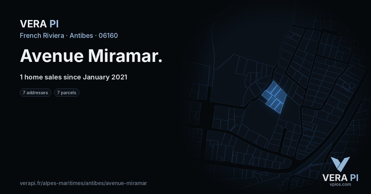 Avenue Miramar, Antibes at night – every parcel coloured by the prices around it, the street's own parcels lit