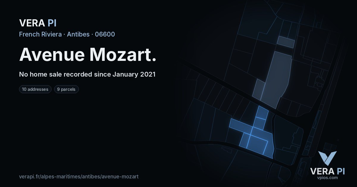 Avenue Mozart, Antibes at night – every parcel coloured by the prices around it, the street's own parcels lit