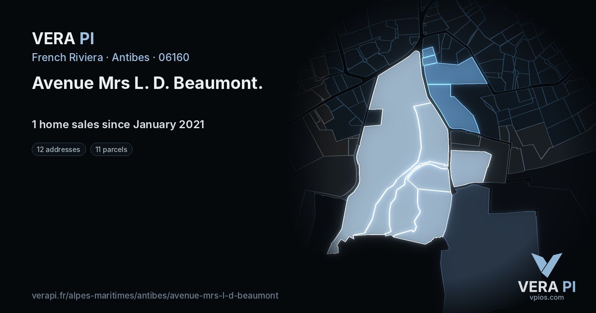 Avenue Mrs L. D. Beaumont, Antibes at night – every parcel coloured by the prices around it, the street's own parcels lit