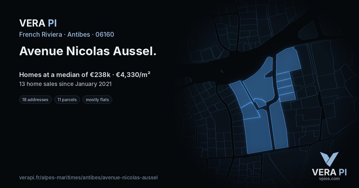 Avenue Nicolas Aussel, Antibes at night – every parcel coloured by the prices around it, the street's own parcels lit
